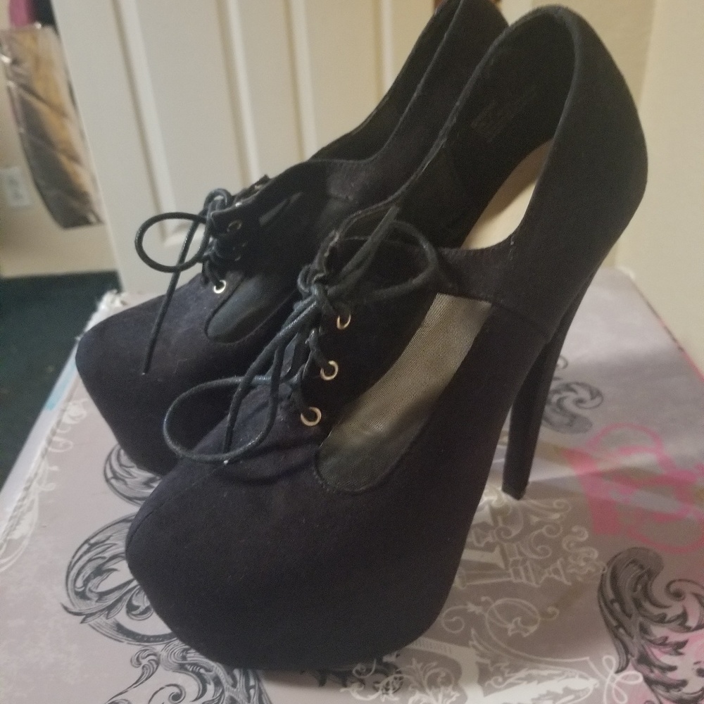 Just Fab, Size 7, Black Mesh, Lace Up, Suede Stiletto Boots